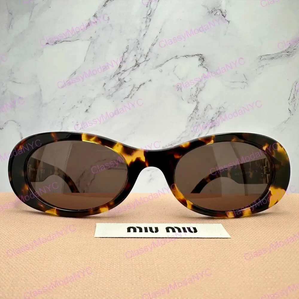 NEW MIU MIU Sunglasses Brown Oval Gold Spelled Out Logo New Authentic Tortoise
